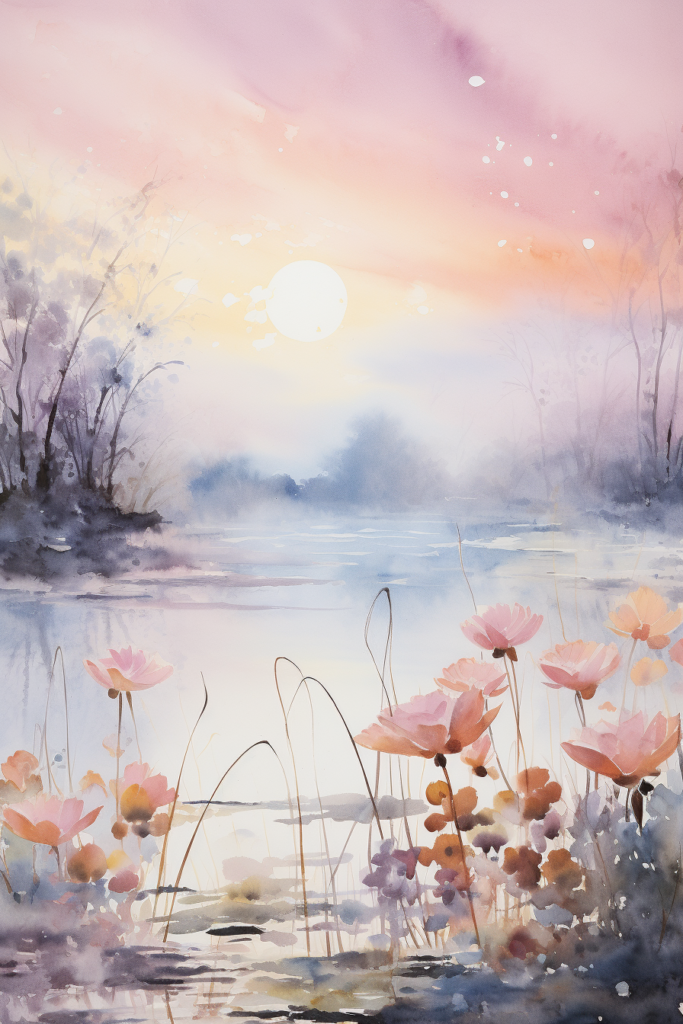 A watercolor painting of pink lotus flowers in the water.