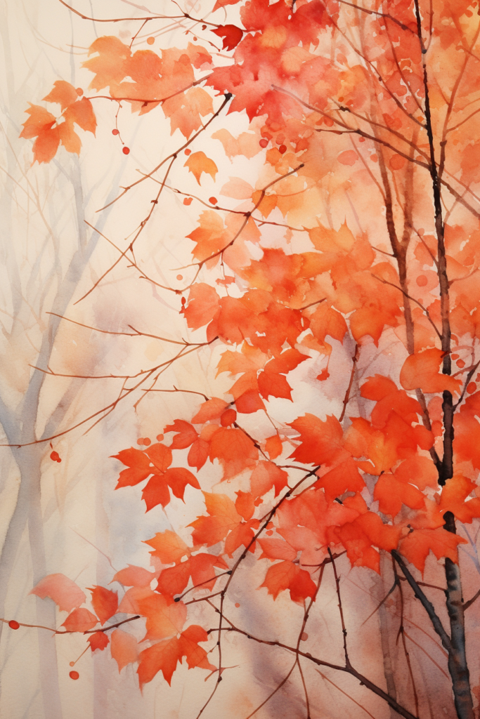 A painting of a tree with red leaves.