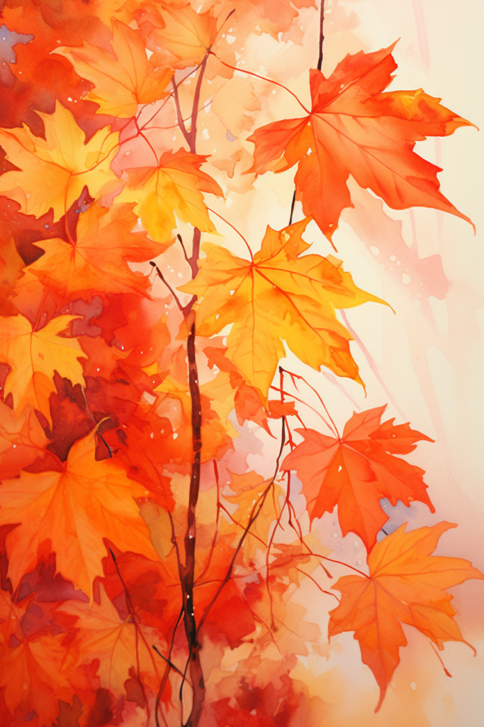 A painting of autumn leaves on a branch.