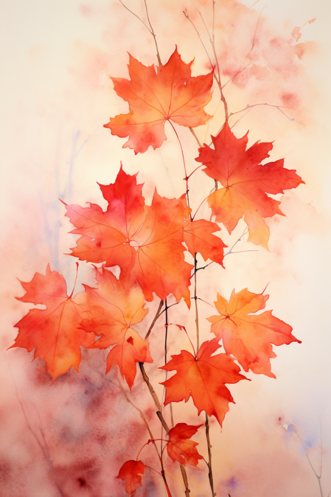 A watercolor painting of red leaves on a branch.