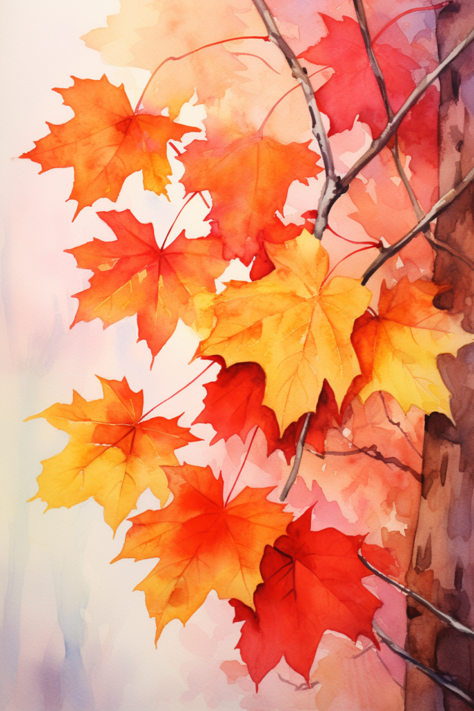 A watercolor painting of autumn leaves on a tree branch.