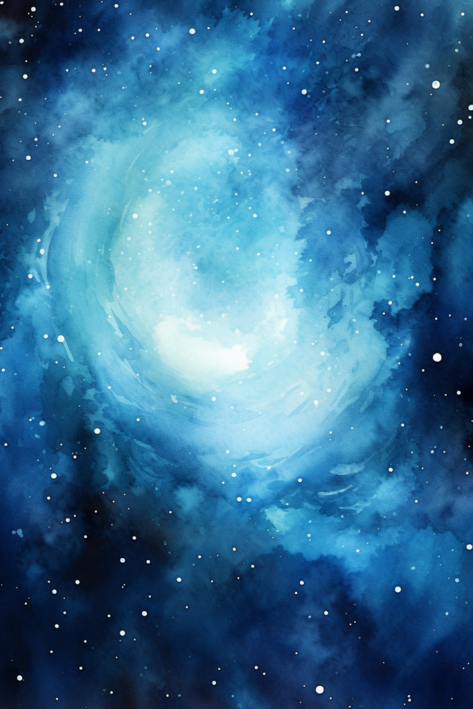 A watercolor painting of a blue galaxy with stars.
