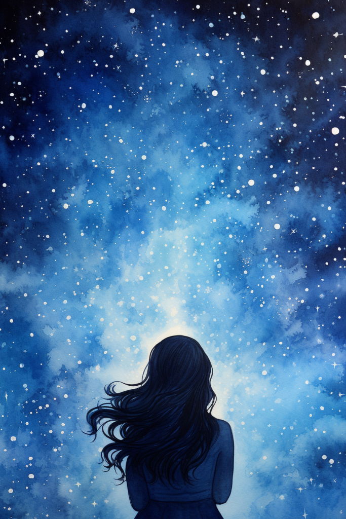 A painting of a girl looking at the stars in the sky.