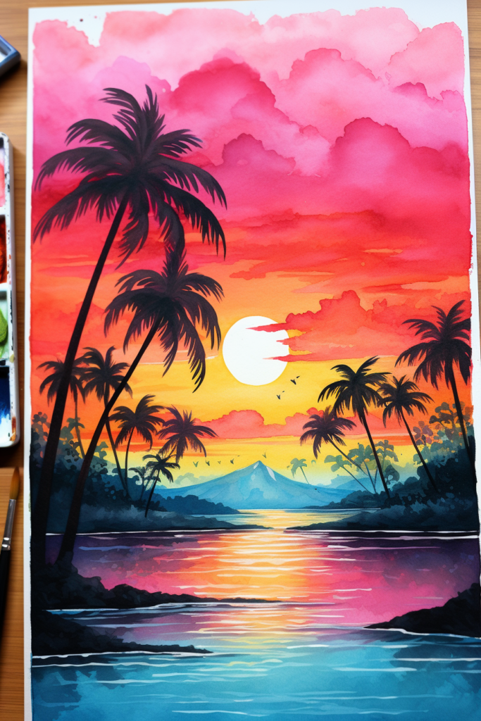 A watercolor painting of a sunset with palm trees.