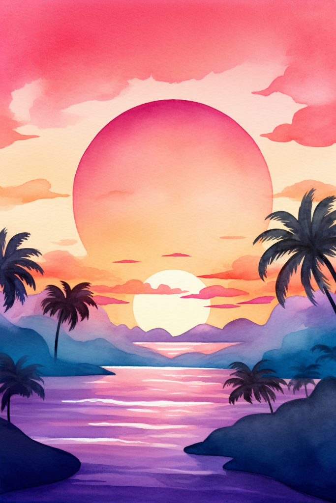A watercolor painting of a sunset with palm trees.