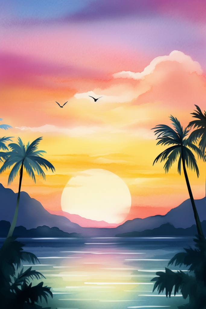 An illustration of a sunset with palm trees and water.