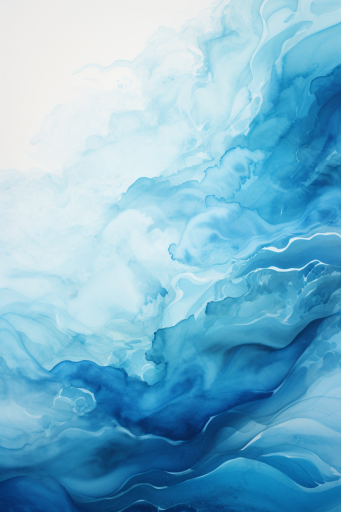 An abstract painting of blue and white waves.