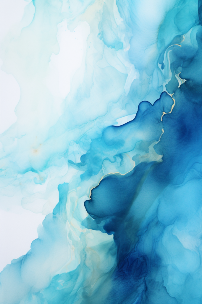 A blue and white watercolor painting on a white background.