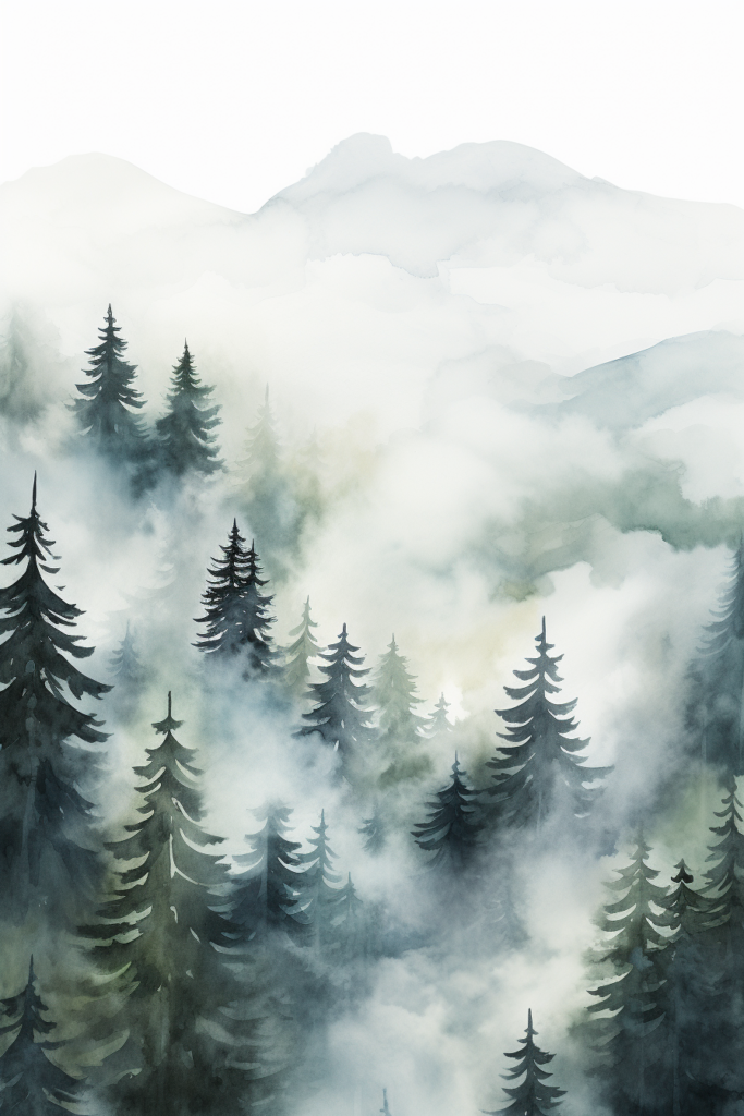 A watercolor painting of pine trees in the mist.