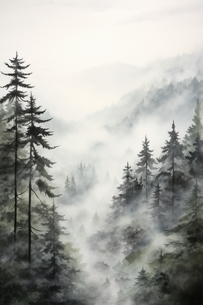 A painting of a forest with fog in the background.