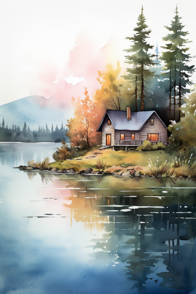 A watercolor painting of a house on a lake.
