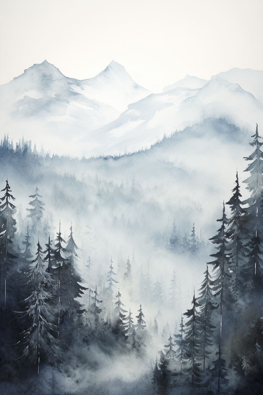 A watercolor painting of a forest with fog.