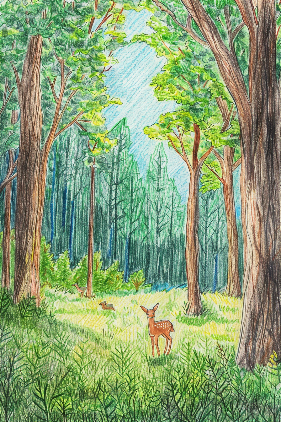 A drawing of a deer in a forest.