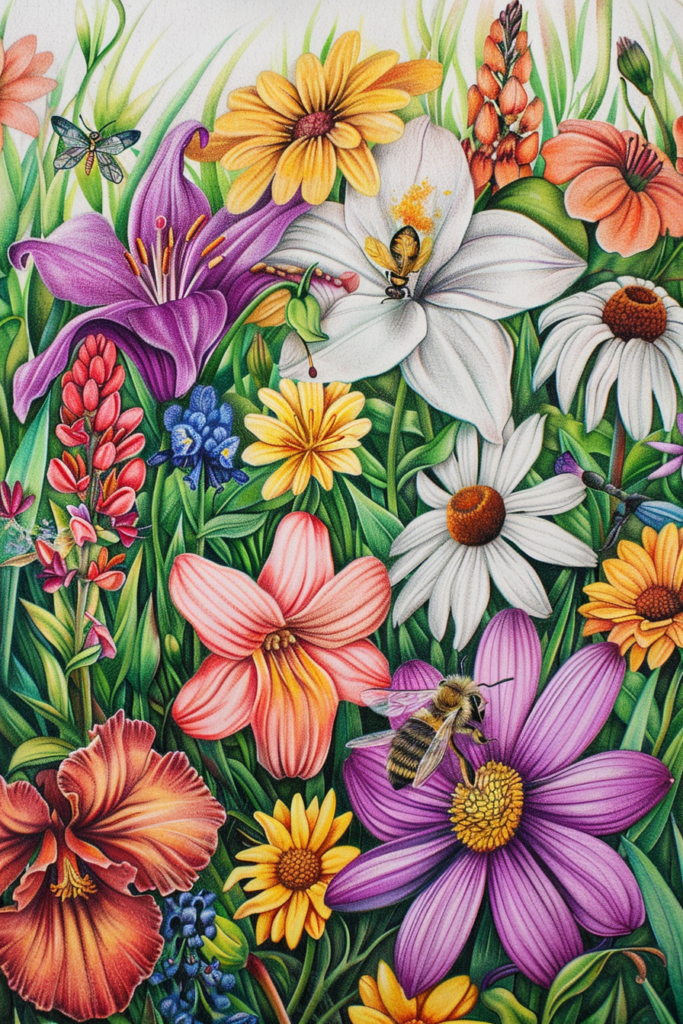 A painting of colorful flowers and bees.