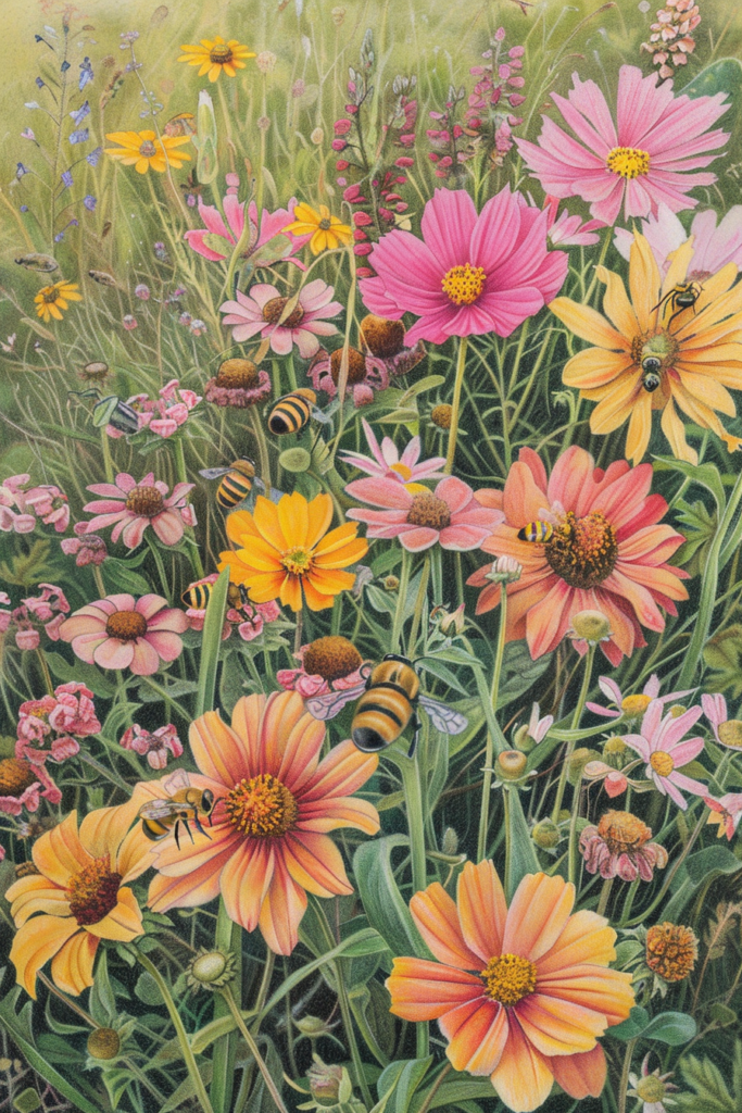 A painting of flowers and bees in a field.