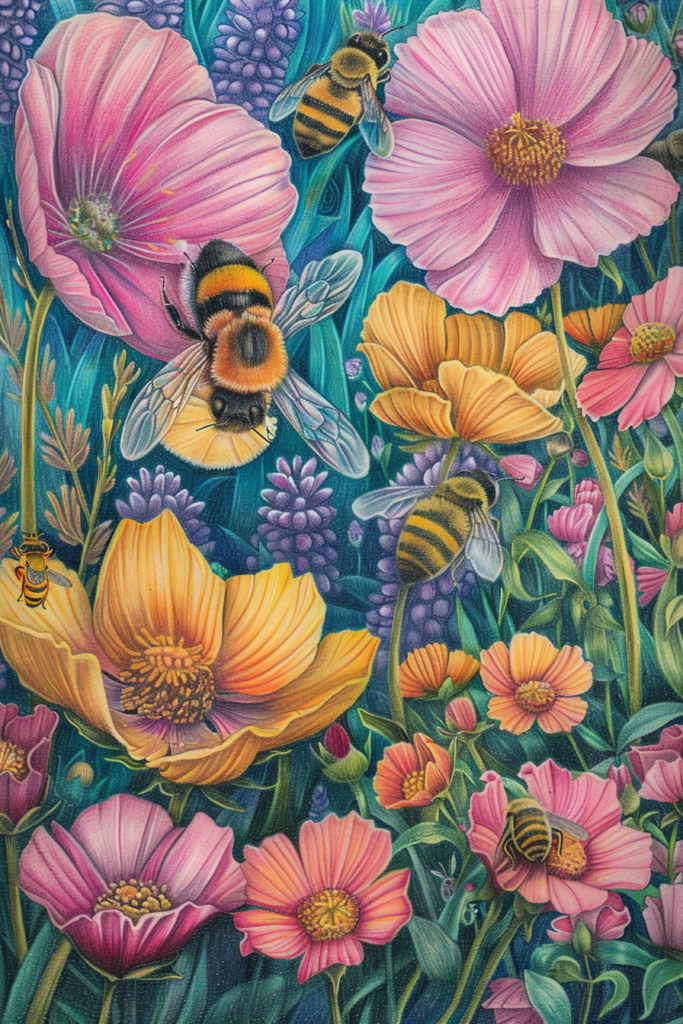 A painting of bees and flowers.