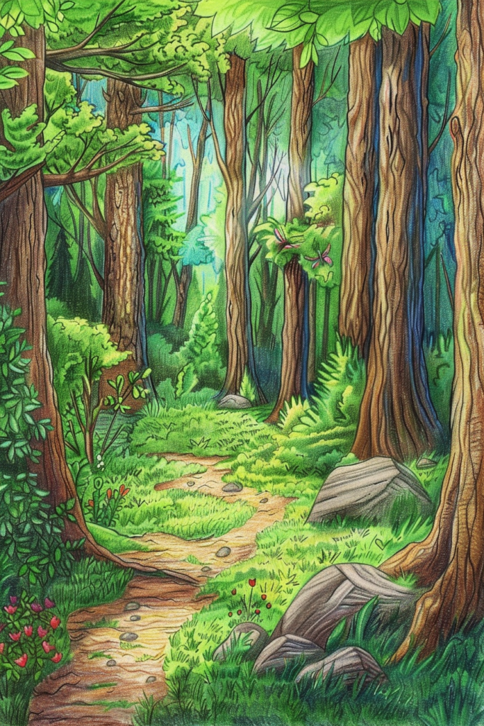 A cartoon illustration of a path in the forest.