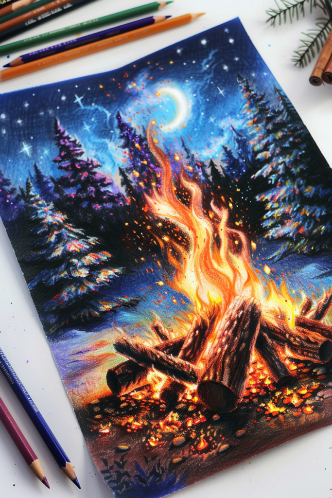 A drawing of a campfire with colored pencils next to it.