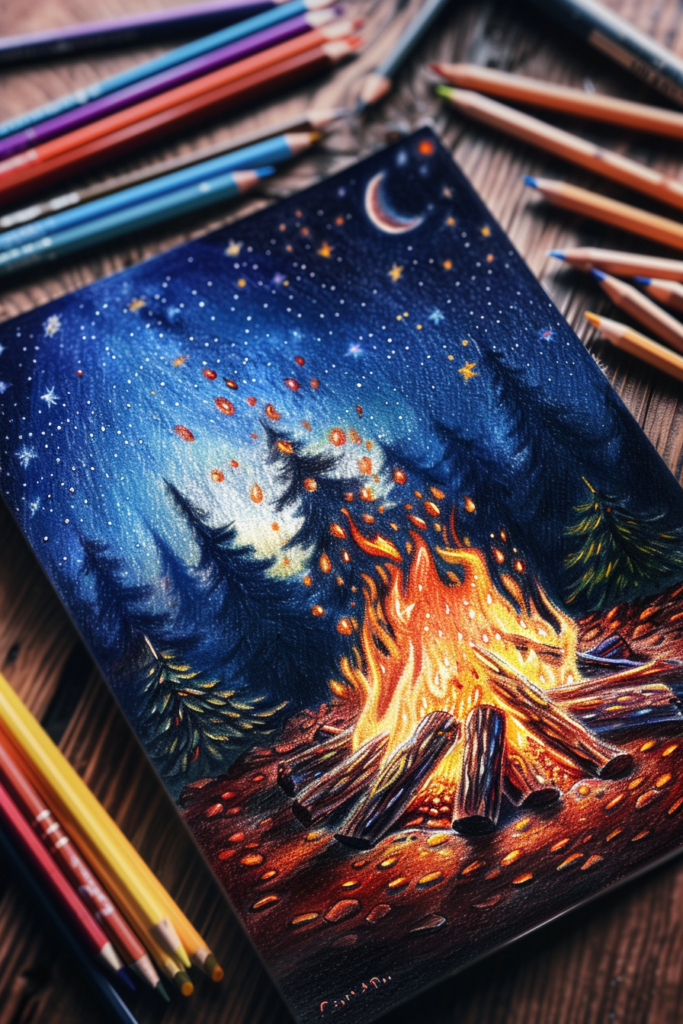 A drawing of a campfire with colored pencils.