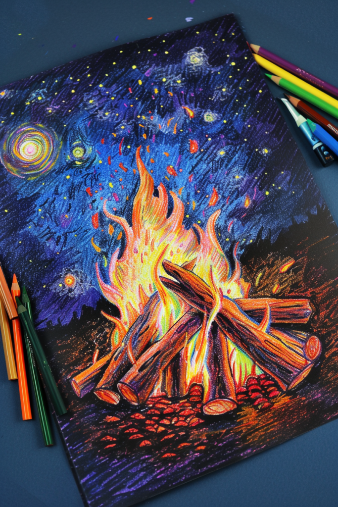 A drawing of a campfire with colored pencils and crayons.