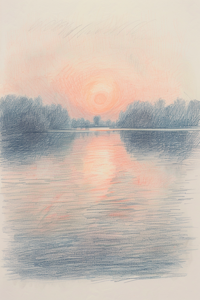 A drawing of a sunset over a body of water.