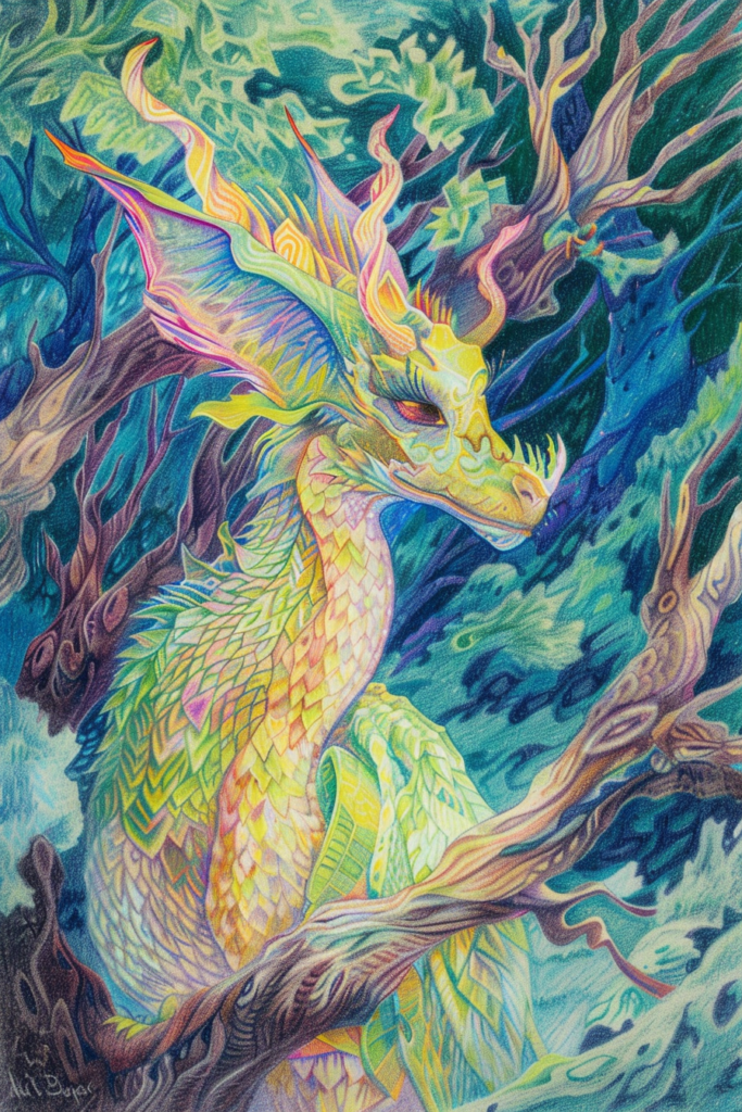 A painting of a colorful dragon in a tree.