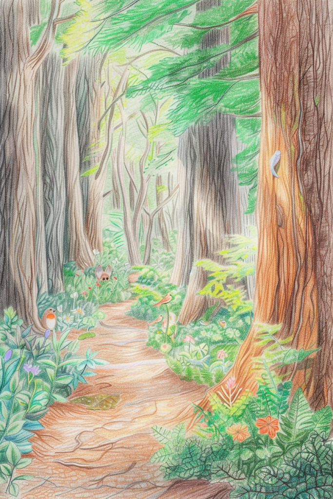 A drawing of a path in the woods.