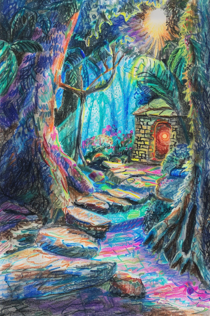 A colored pencil drawing of a path in the woods.