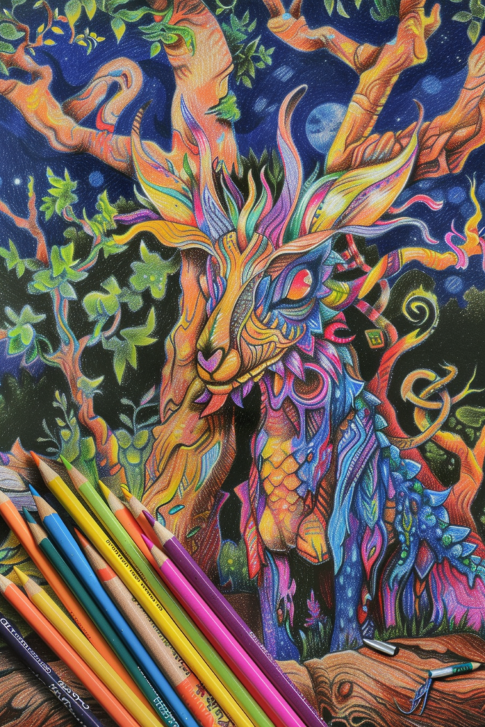 A colorful drawing of a deer with colored pencils.