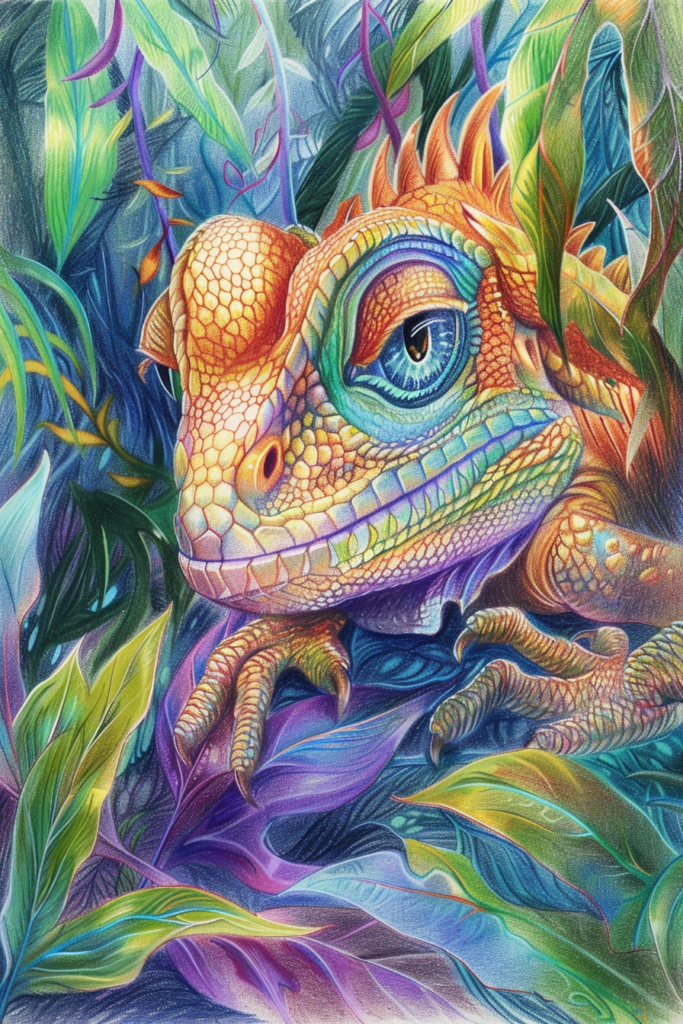 A colorful painting of a lizard in the jungle.
