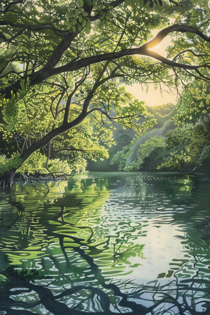 A painting of a lake with trees in the background.