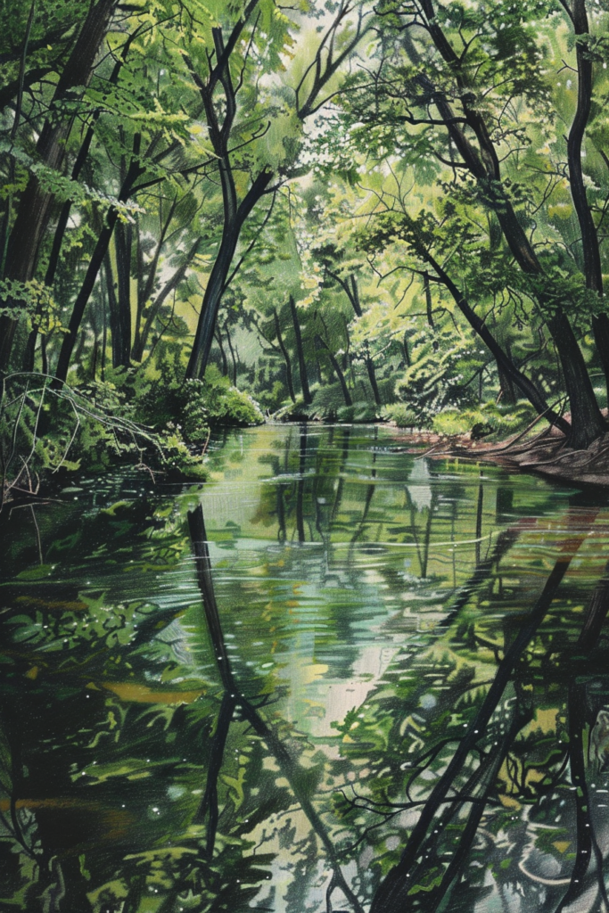 A painting of a river surrounded by trees.