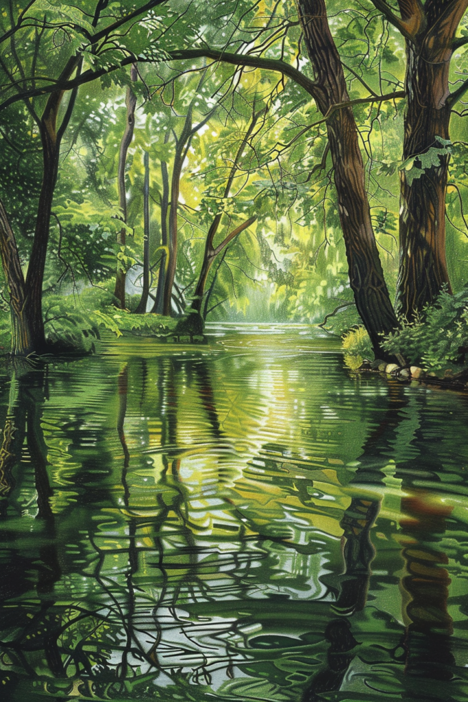 A painting of a river in a forest.