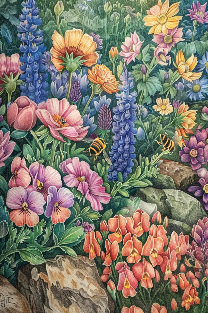 A painting of a colorful flower garden with bees and rocks.