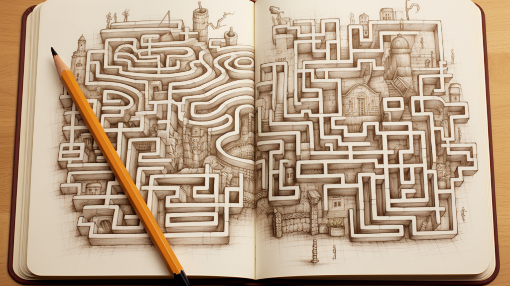 A book with a pencil and a drawing of a labyrinth.