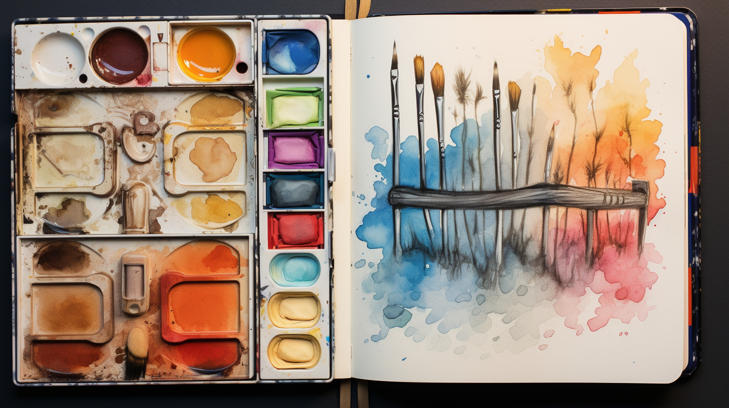 An open notebook with watercolor brushes and paints.