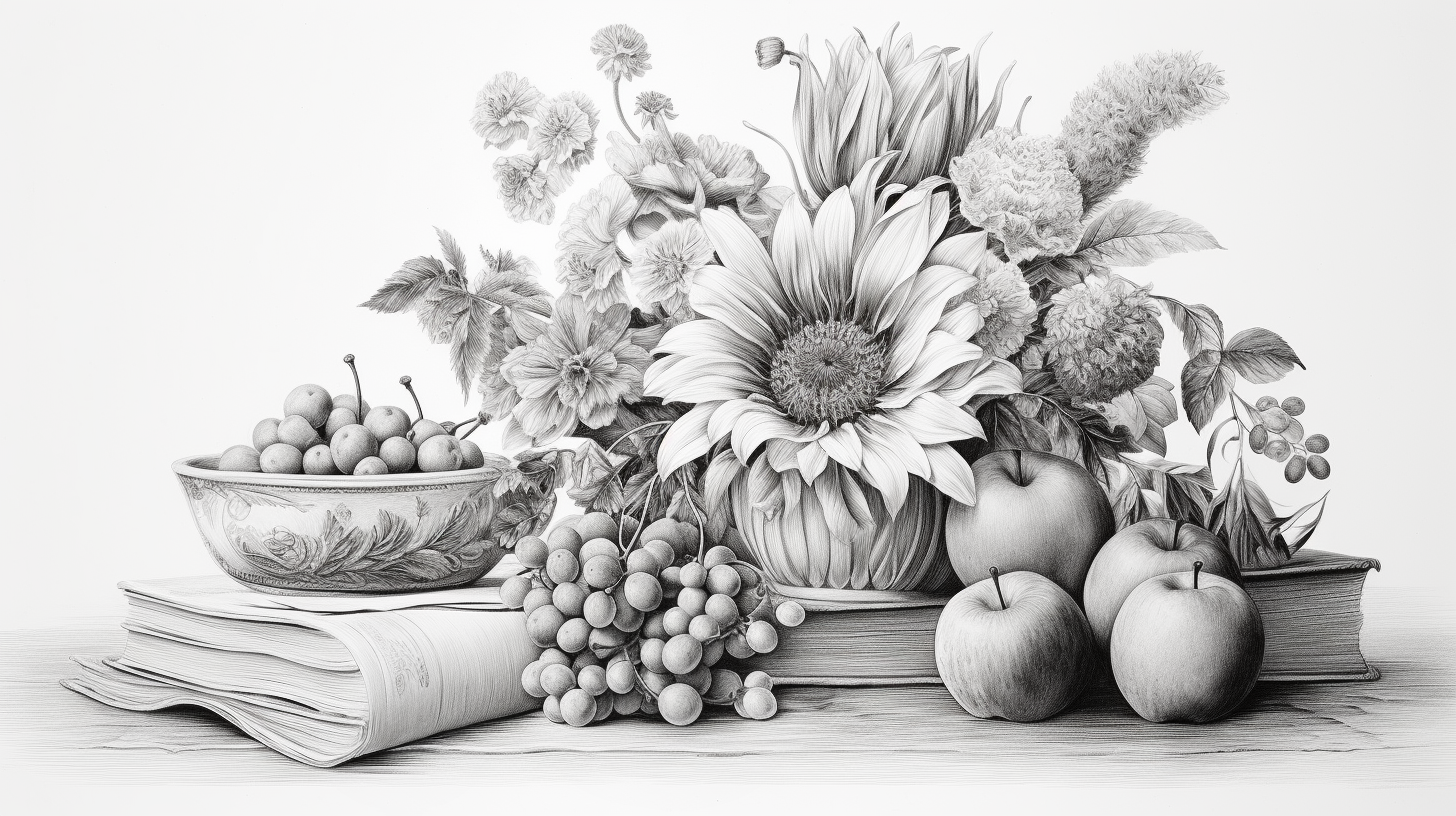 A black and white drawing of flowers and fruit on a book.