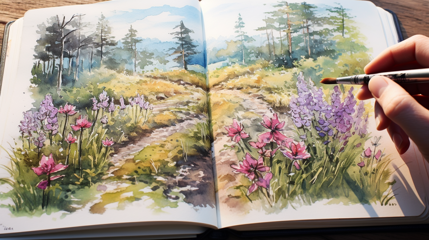 A person is painting a watercolor landscape with a pen.