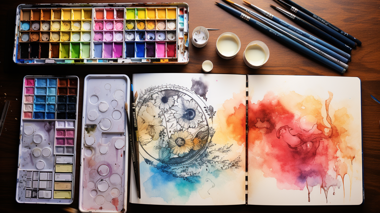 Watercolor paints and brushes on a wooden table.
