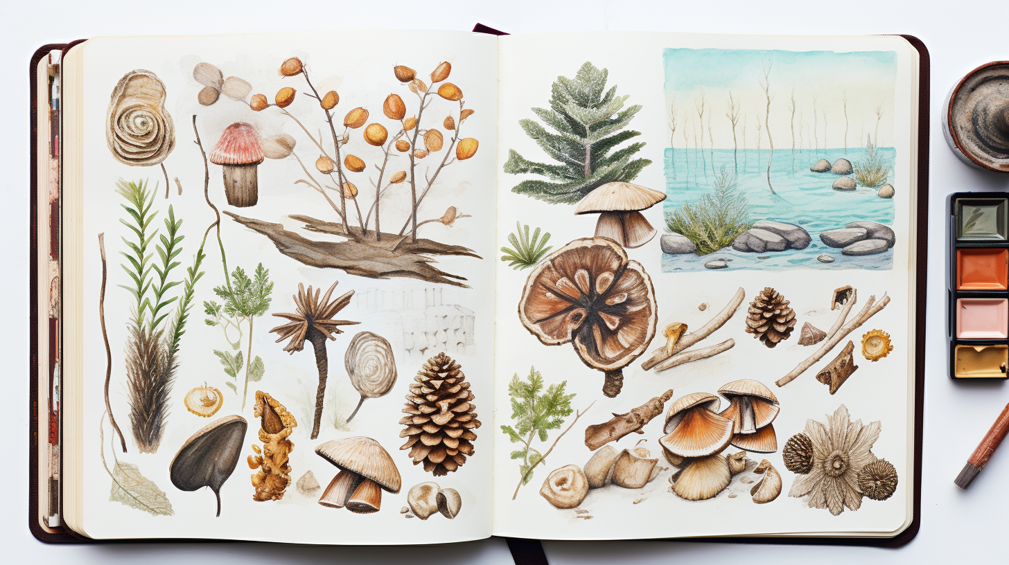 An open notebook with watercolors, pencils, and pens.