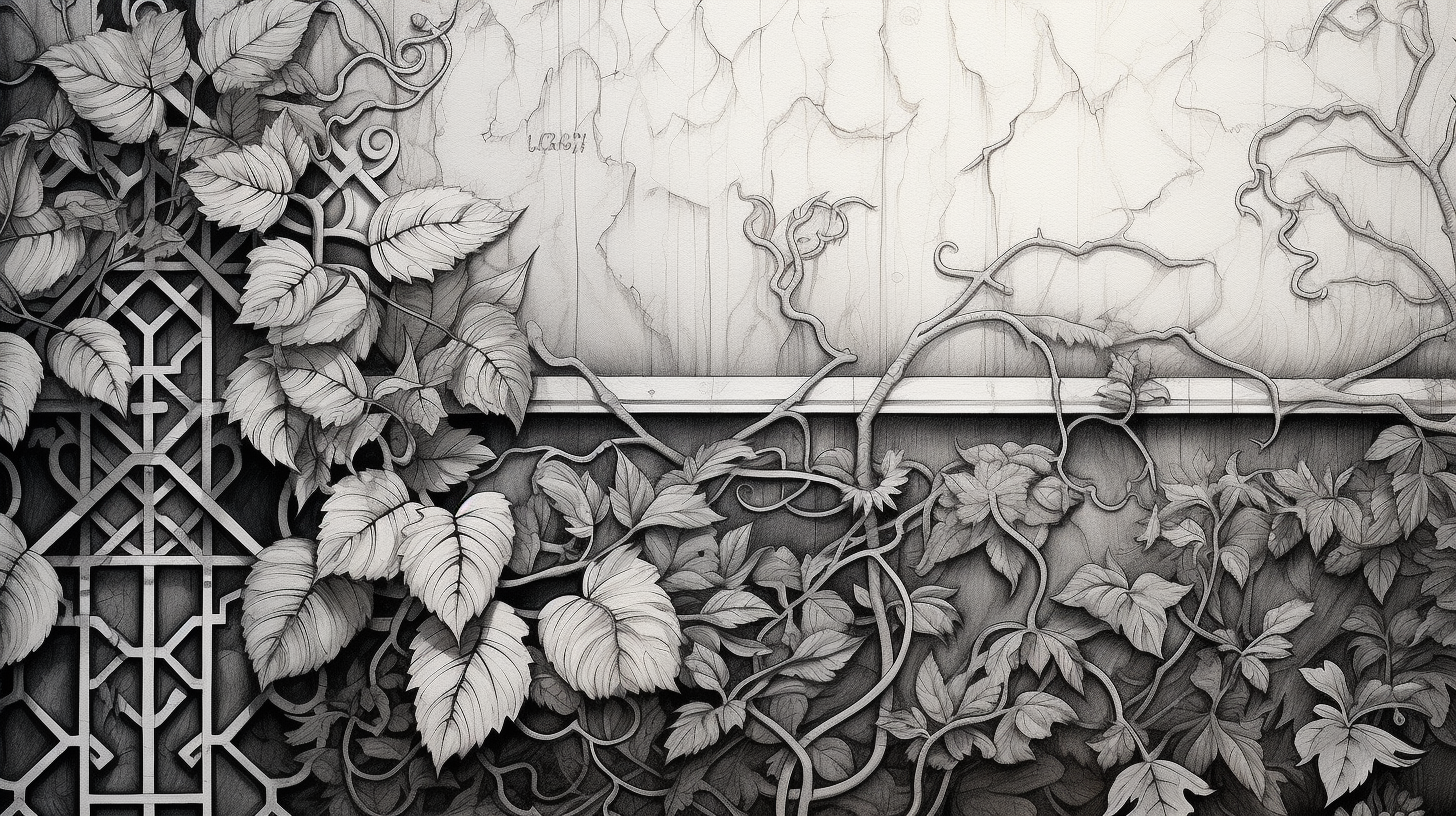 A black and white drawing of vines on a wall.