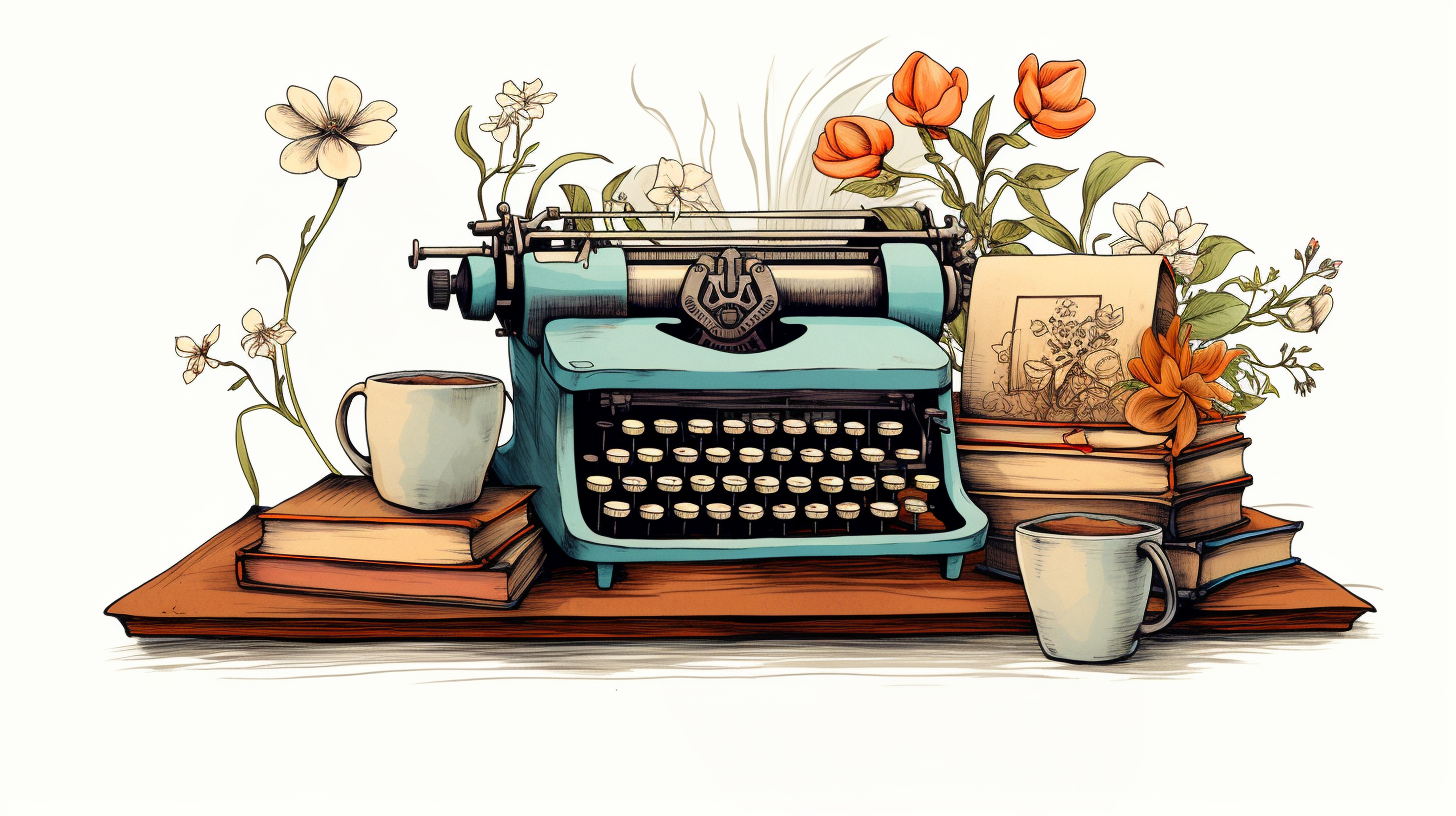 An illustration of a typewriter, books and flowers.