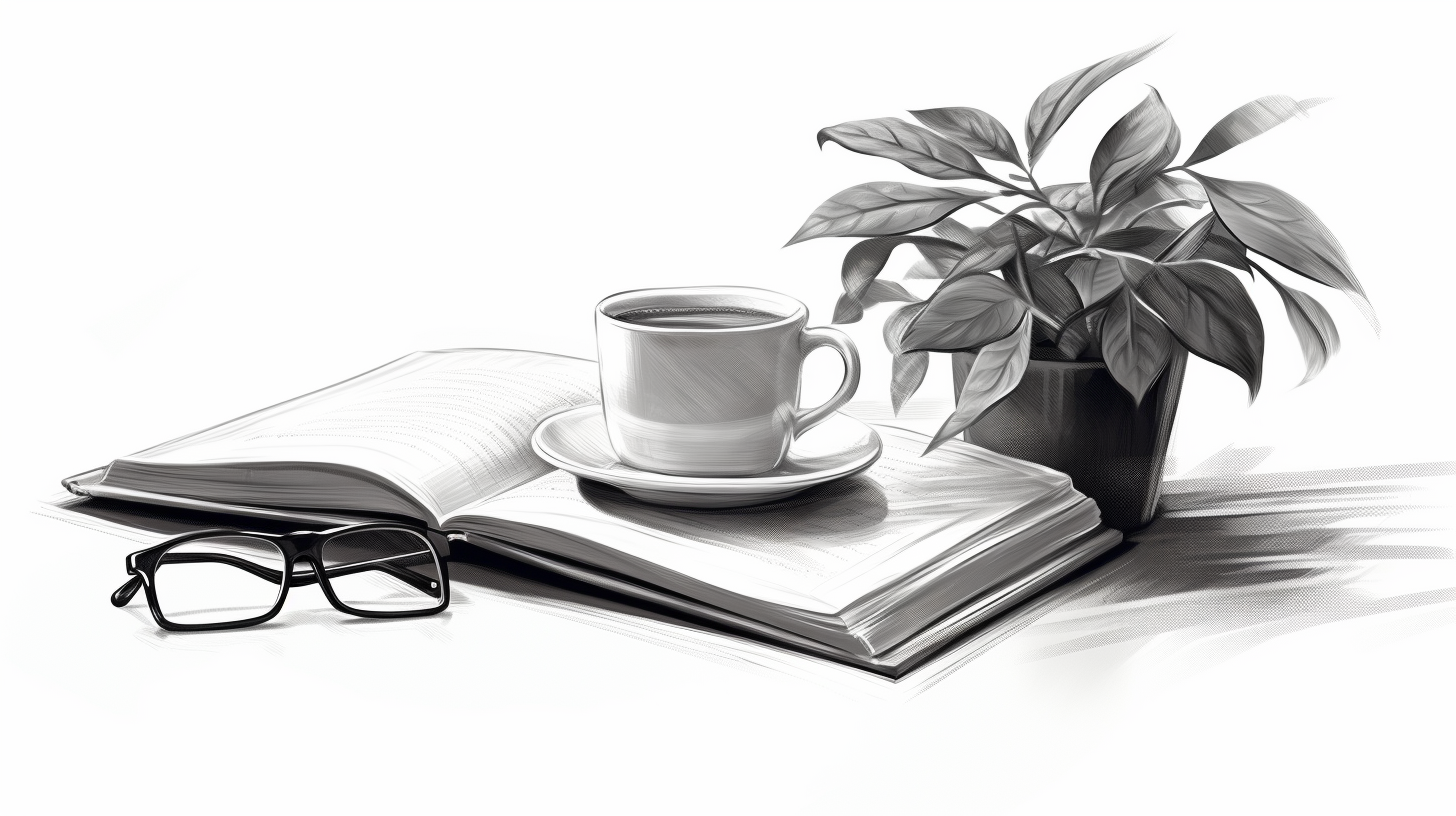 A black and white drawing of a book with a cup of coffee and glasses.