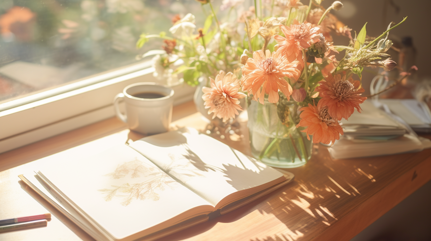 An open book with flowers and a cup of coffee on a window sill.