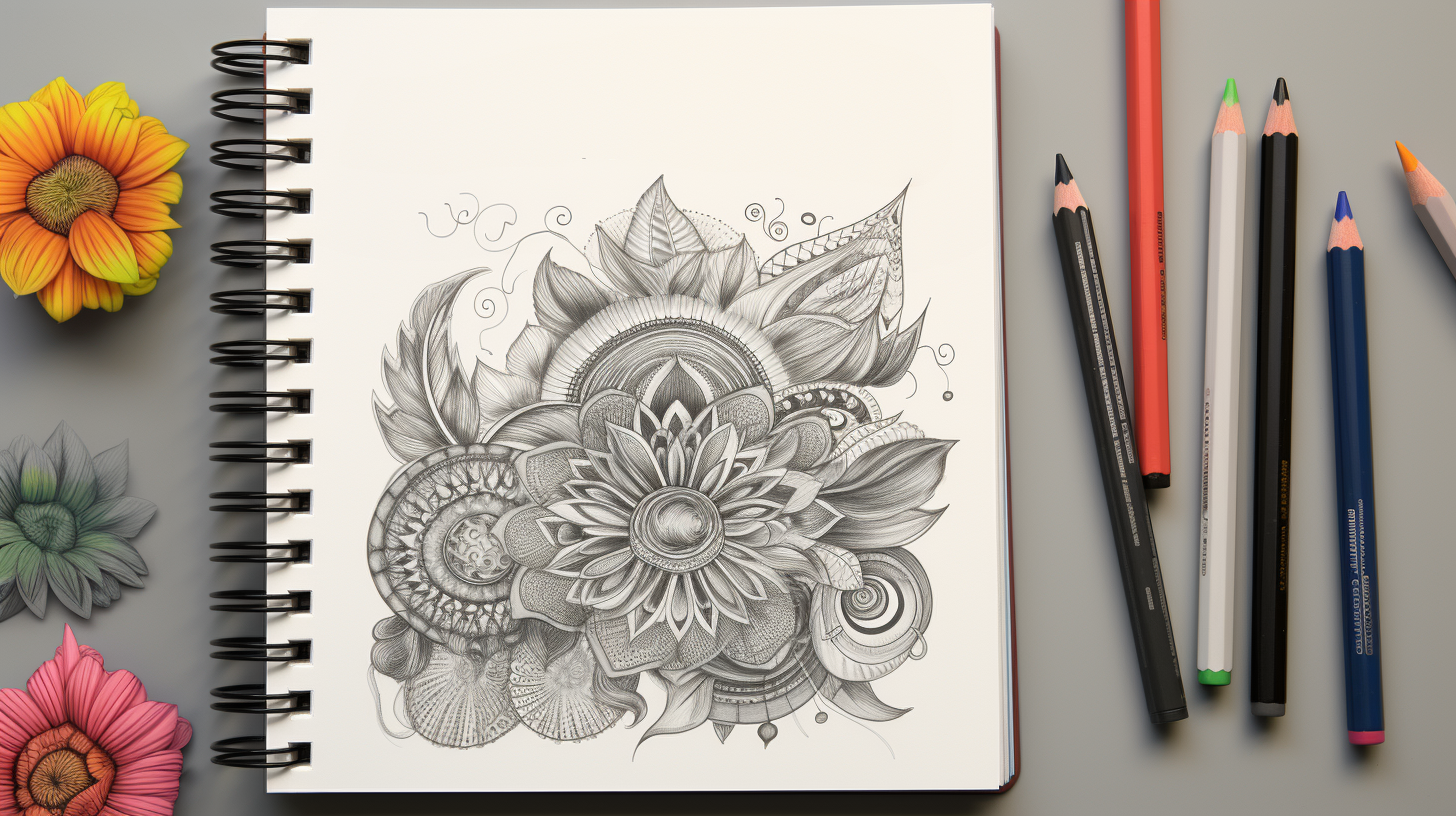 A notebook with pencils and flowers next to it.