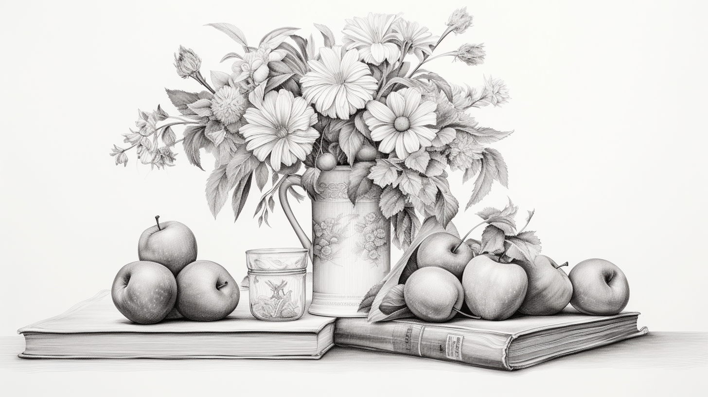 A black and white drawing of a vase with apples and flowers.