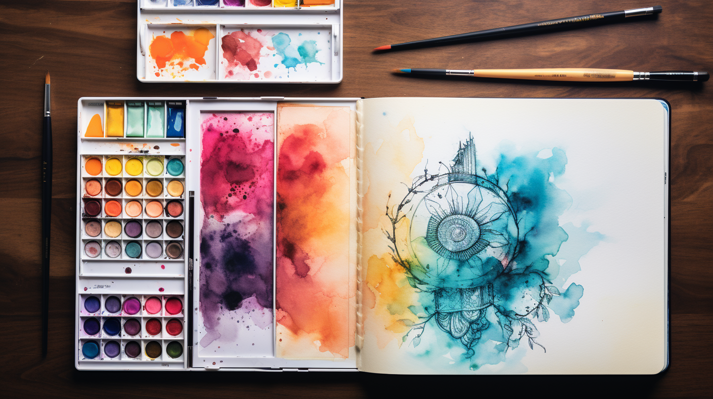 A notebook with watercolor paints and brushes on it.
