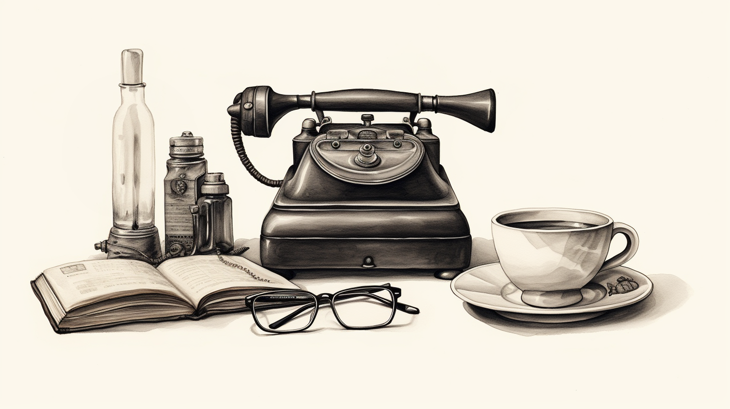 An old fashioned telephone, glasses, book and cup of coffee.