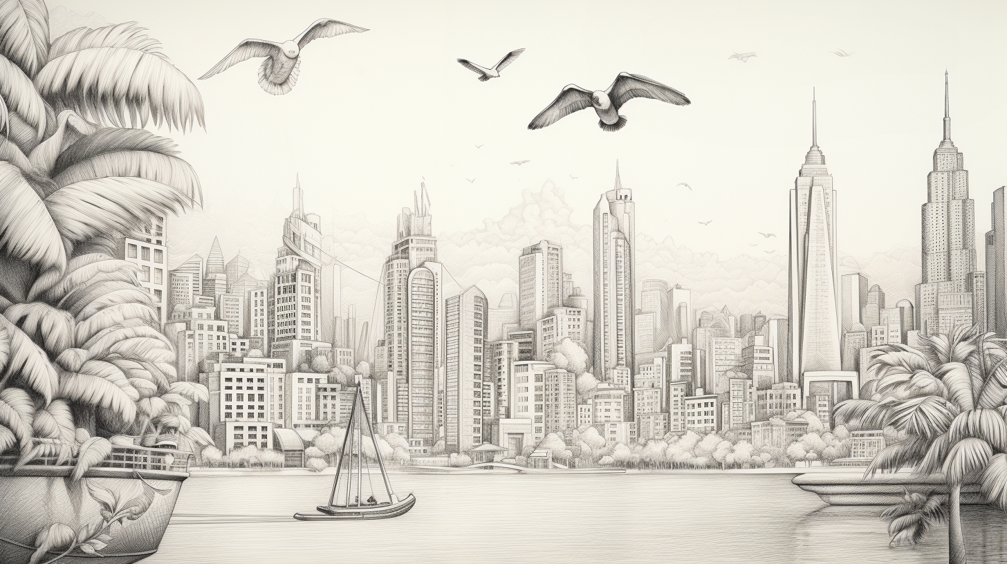 A pencil drawing of a city with birds flying over it.