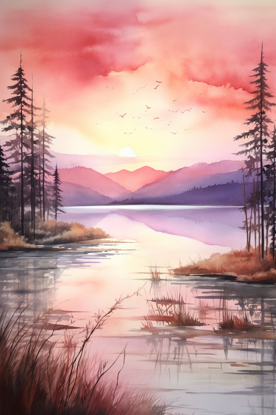 A watercolor painting of a lake with trees and birds.
